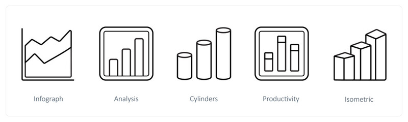 A set of 5 diagram and report icons such as Infograph, analytics, cylinders