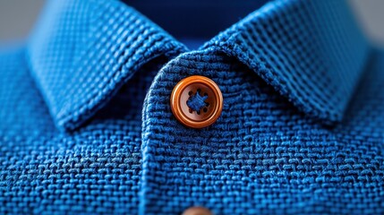 Close-up of a textured blue shirt with a stylish button, showcasing fabric detail and craftsmanship in modern fashion design.