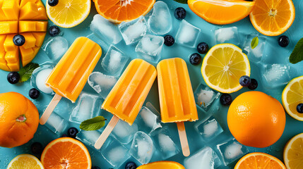 A refreshing assortment of tropical fruit popsicles surrounded by fresh fruit and ice