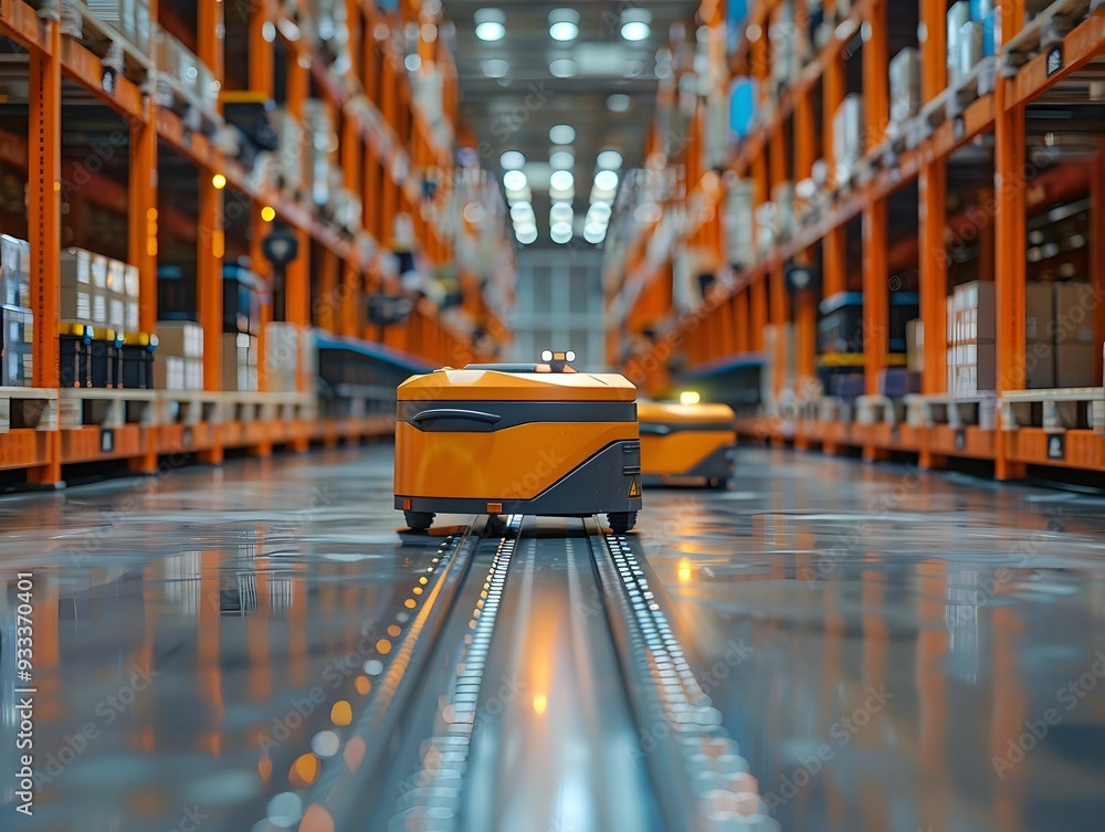 Poster automated robots navigating a modern warehouse during daytime