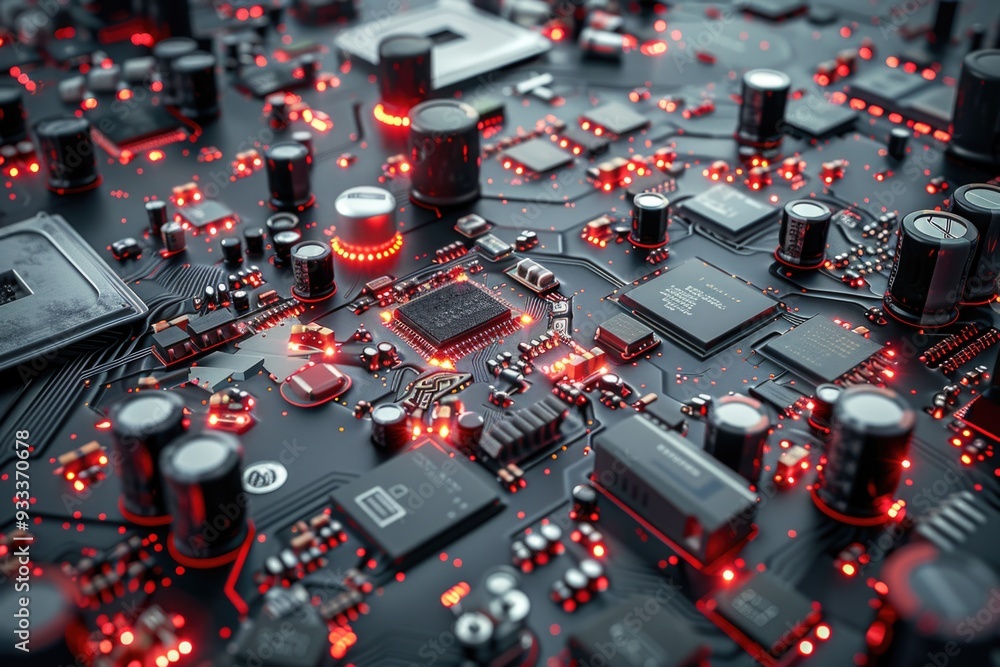 Poster High-quality close-up of various electronic components on a table, suitable for technology-related projects and illustrations