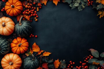 Pumpkins, Leaves, and Berries on a Dark Background