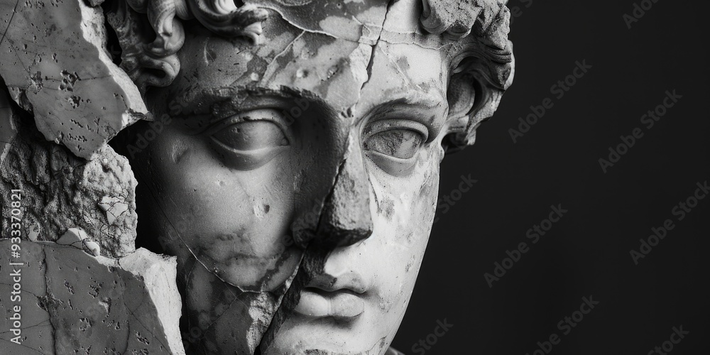 Poster a close-up image of a male statue's face in black and white, ideal for use in historical or artistic