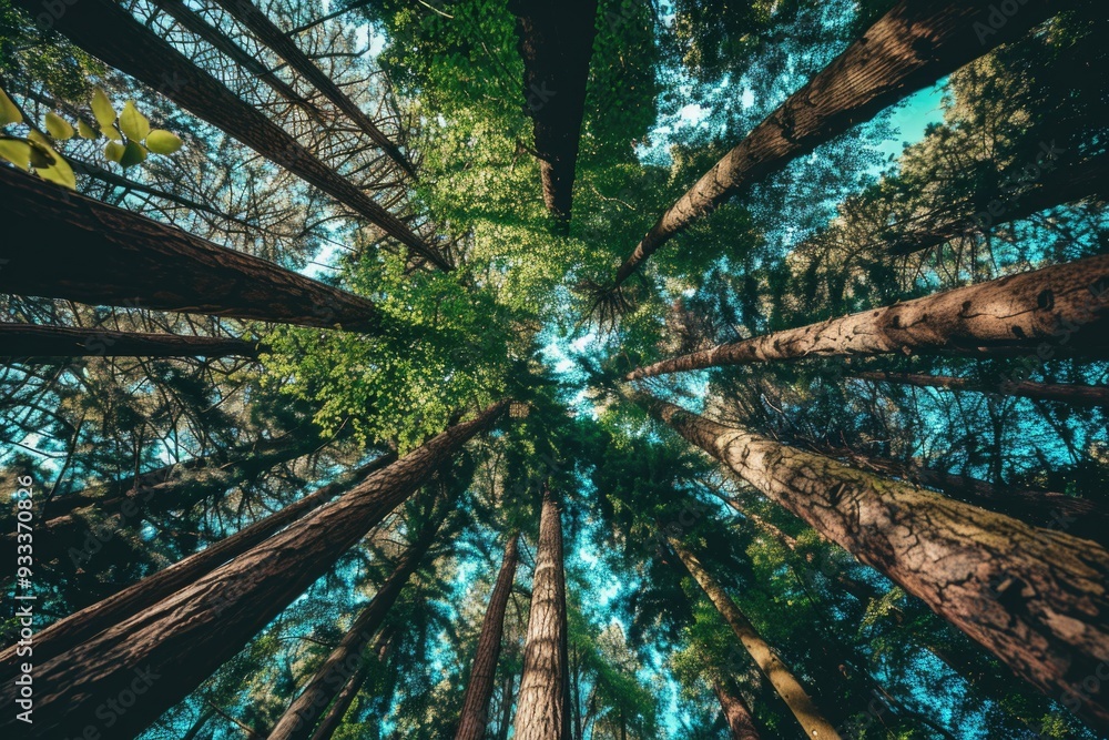 Aufkleber ground-level view of a dense forest, looking upwards at towering trees and foliage