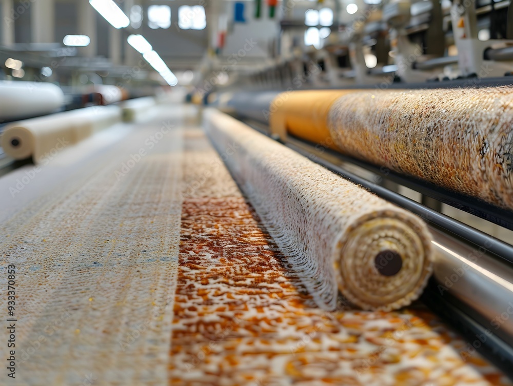 Poster textile production process in a modern factory with patterned rolls on machinery