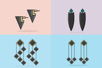 Collection of Women's colorful jewelry earrings vector illustration. Beauty fashion objects icon concept. Elegant women's jewelry decoration in unique style vector design.