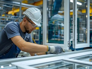 Worker assembling window frames in a manufacturing facility during daytime