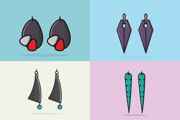 Collection of Women's colorful jewelry earrings vector illustration. Beauty fashion objects icon concept. Elegant women's jewelry decoration in unique style vector design.