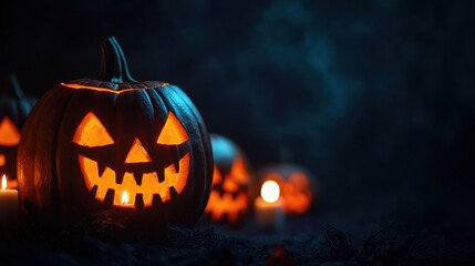 Obraz premium Sinister Jack-o'-Lanterns Illuminated by Flickering Candles Creating Ominous Halloween Vibe with Copy Space, Selective Focus in Ultra HD