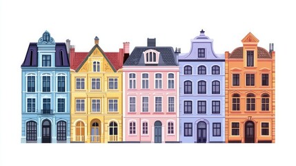 Fototapeta premium Six colorful, historic townhouses with arched windows, doors, and decorative details.