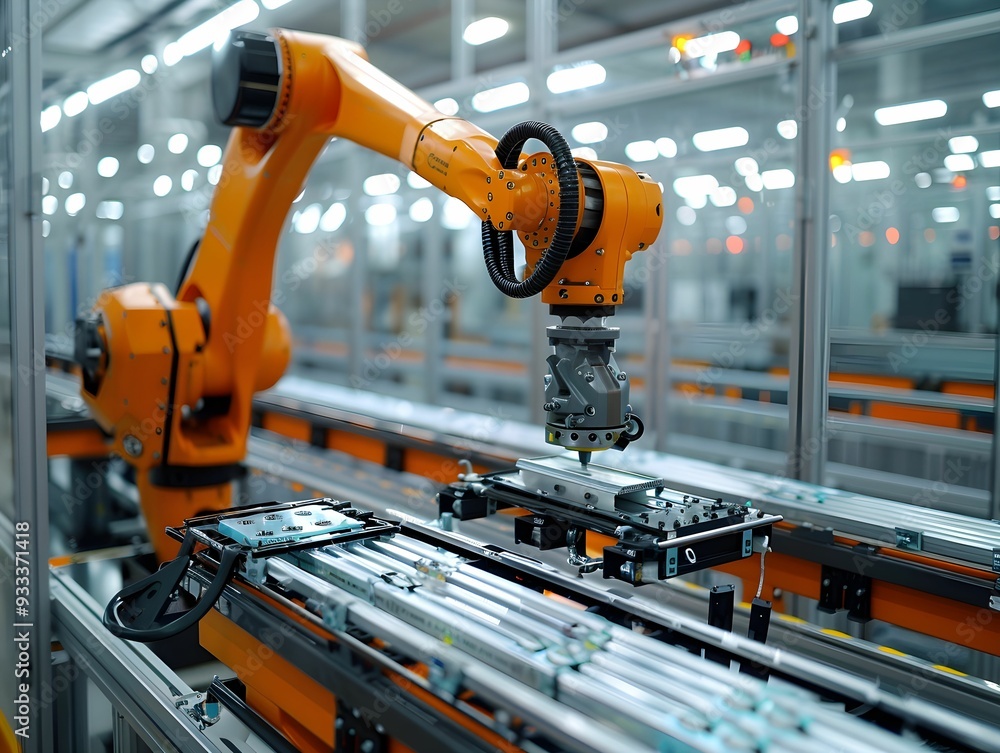 Poster robotic arm assembling components on a factory production line during daylight