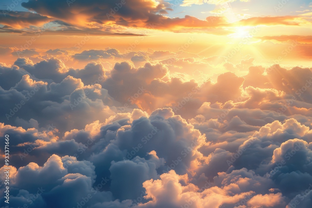 Poster A serene and peaceful scene with the sun setting over a bank of clouds, ideal for use as a background or in a travel brochure