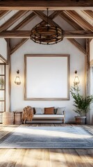 Bright and airy 3D rendered mockup of a white background frame inside a cozy and charming modern farmhouse inspired interior with rustic accents natural wood tones and warm inviting lighting