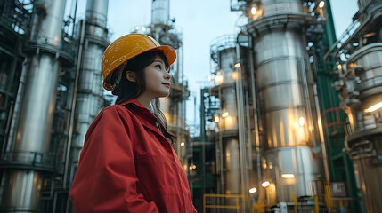 Fototapeta premium Female engineer in a red jumpsuit and a yellow hard hat standing in front of a large industrial facility looking up.