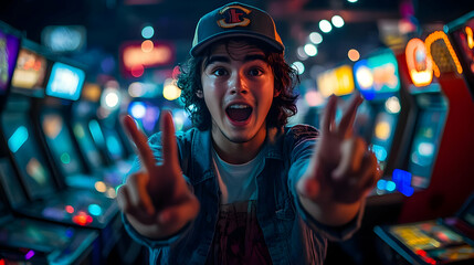 Obraz premium Excited gamer making peace sign at arcade.