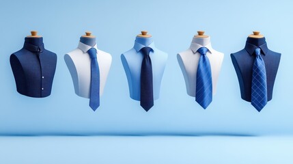 Stylish collection of blue shirts and ties arranged on mannequins, perfect for fashion or business-themed projects.