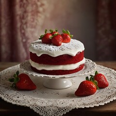 Red velvet cake with strawberries and powdered sugar Illustration