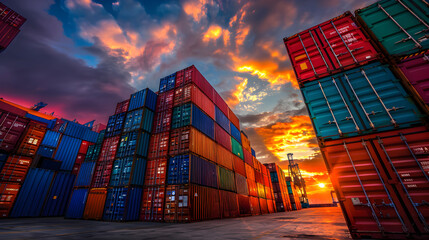 Fototapeta premium Stacks of large shipping containers in various colors arranged neatly at a port during sunset 