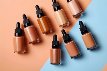 Obraz premium Assorted bottles of makeup foundation and sample vials arranged artistically on a vibrant color backdrop.