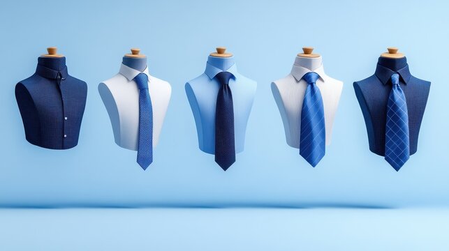 Stylish collection of blue shirts and ties arranged on mannequins, perfect for fashion or business-themed projects.