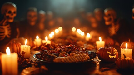 Eerie Halloween Banquet: Grotesque Food, Monstrous Guests, Dim Candlelight. Copy Space, Selective Focus. Ultra HD.