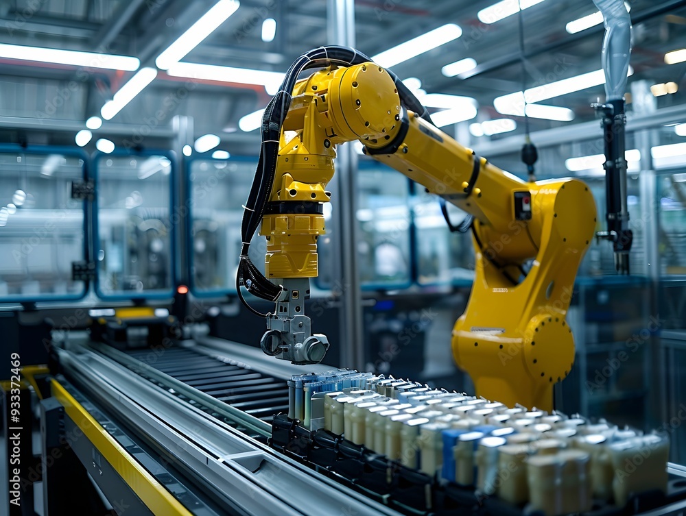 Poster robotic arm handling products on conveyor belt in a factory environment during the day