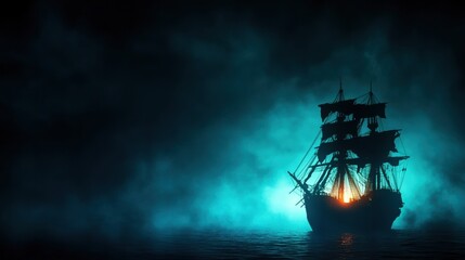 Fototapeta premium Haunted Ghost Ship Sailing on Dark Sea with Tattered Sails and Eerie Glow - Spooky Nautical Background with Copy Space