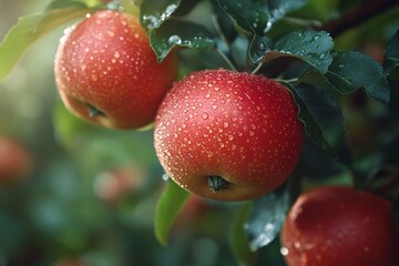 Apples on a tree with raindrops, from early apple varieties