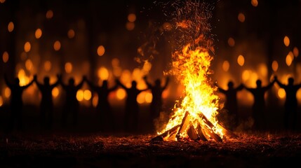 Mysterious Ritual Dance at Twilight - Dark Figures in Masks by Bonfire, Eerie and Enigmatic Atmosphere