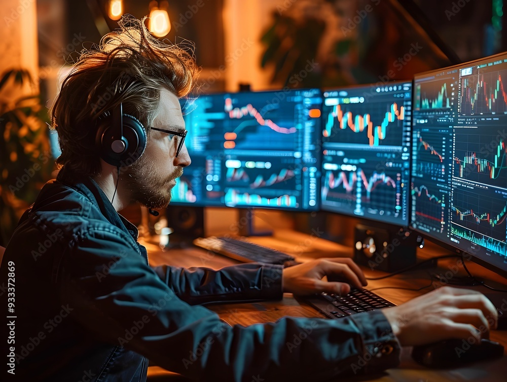 Aufkleber young man analyzes financial data on multiple computer screens in a dimly lit room during nighttime 