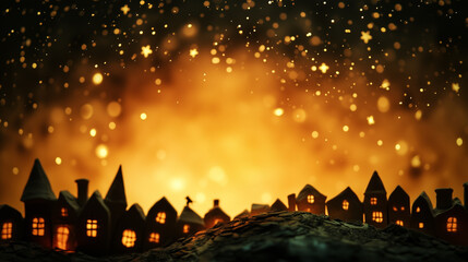 Fototapeta premium a starry, moonlit sky, with a silhouette of a distant town below, creating a magical Halloween atmosphere for banners and covers.