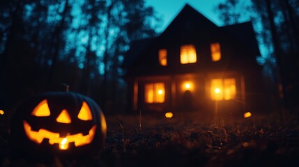 Fototapeta premium Creepy Haunted House with Flickering Lights and Shadows - Halloween Spooky Scene for Copy Space Concept in Ultra HD