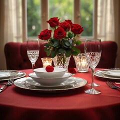 Table for two with crystal glasses and roses Illustration