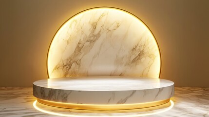 Fototapeta premium Elegant White Marble Podium with Gold Trim, Soft Underlighting Enhancing Luxury Stage Setup, Ideal for Showcasing High-End Cosmetic Products Against a Glowing Golden Backdrop