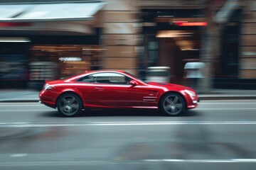 A red sports car drives down a busy city street, perfect for urban lifestyle or travel stock photos