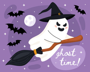 Obraz premium Halloween greeting card. Cute cartoon little ghost, spirit. Ghost in a witch's hat flies on a witch's broom. Ghost time! Purple background. Bats, full moon.