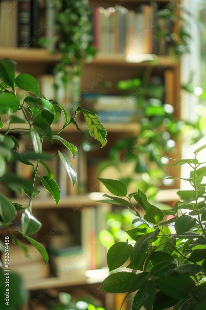Aufkleber A cozy bookshelf with many books and some greenery