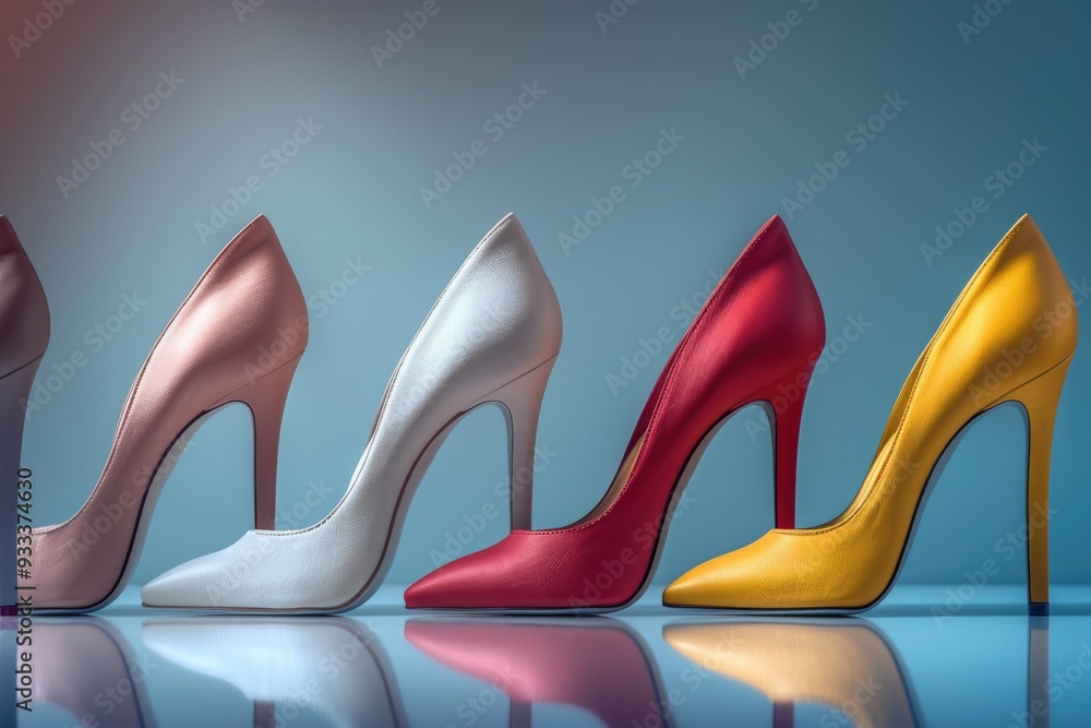 Poster a row of colorful high heel shoes on display