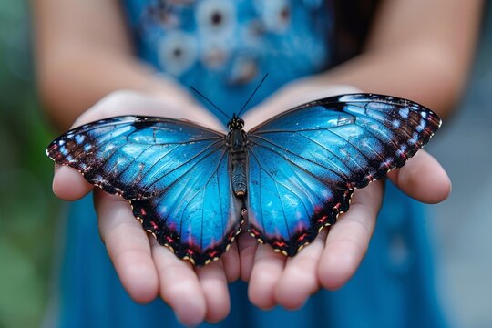 butterfly on hands. Beautiful butterfly sits on the girls fingertips