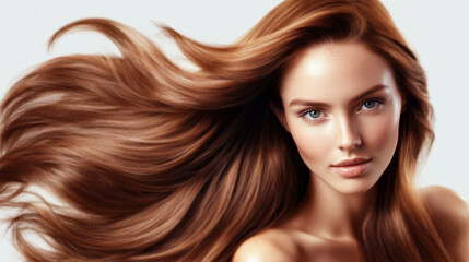 Naklejka premium beautiful woman with long, flowing brown hair is posing for the camera on a white background. Her luxurious, shiny, and healthy straight hairstyle highlights her beauty and confidence