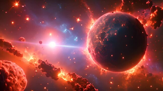 A fiery apocalypse in space destroys cosmic objects, with planets shattering like glass, stars exploding into brilliant supernovas, and asteroid belts disintegrating into glowing dust
