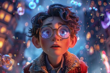 Poster of an animated film with 3D effects. The boy among the bubbles in glasses is surprised