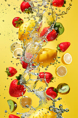 Fruit splashing into water on yellow background. Fresh fruits in motion.