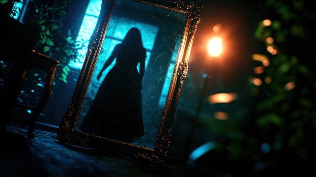 Eerie Haunted Mirror Revealing Ghostly Figure in Dark Room with Old Furniture - Ultra HD Supernatural Reflection, Copy Space