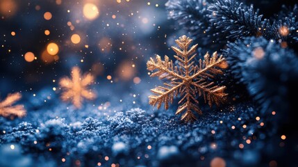 ethereal winter wonderland with shimmering gold and navy snowflakes dancing against a deep twilight sky creating a magical and enchanting atmosphere