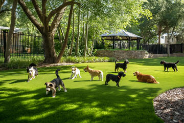 Sunny Day in Shaded Dog Park with Multiple Dogs Playing on Lush Green Grass
