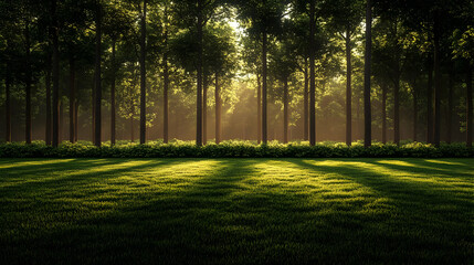 Fototapeta premium Sun rays through trees in a forest, illuminating a lush green field.