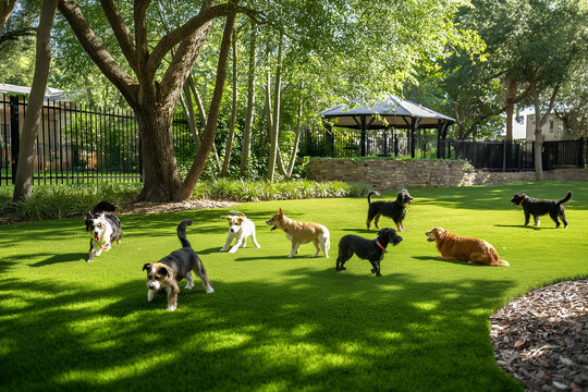 Sunny Day in Shaded Dog Park with Multiple Dogs Playing on Lush Green Grass