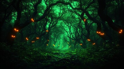 Fototapeta premium Enigmatic Dark Forest with Glowing Eyes in Eerie Wilderness - Atmospheric Wilderness Background with Copy Space for Text in Ultra HD