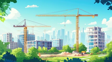 Obraz premium Two construction cranes lift building materials against a backdrop of a modern city skyline and a lush green park.